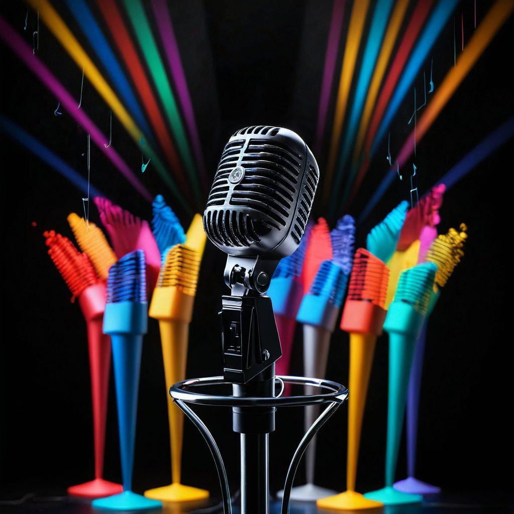 A dynamic scene featuring a diverse group of individuals passionately engaged in voice modeling and performance practices. Include vibrant sound waves emanating from their mouths, reflecting various vocal styles and emotions. Showcase an elegant stage with dramatic lighting, highlighting a microphone and a microphone stand. Infuse elements like musical notes and inspirational quotes floating around them. super-realistic. vibrant colors. 3D.