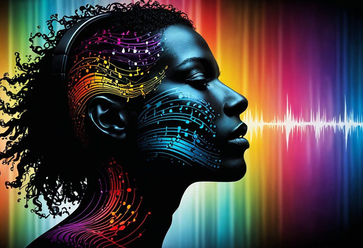A dynamic sound wave morphing into a vibrant silhouette of a face filled with musical notes and digital sound bars, symbolizing the transition from sound design to speech synthesis. The background features abstract waves of color representing voice dynamics and creativity. This visually engaging interpretation blends technology and artistry, capturing the essence of mastering voice nuances. super-realistic. vibrant colors. abstract background.