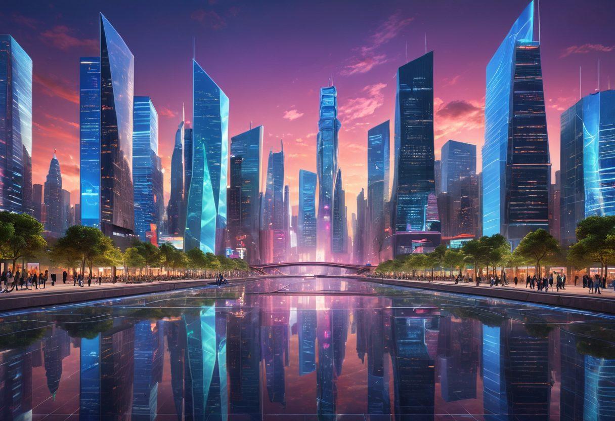 A futuristic city skyline with people engaging with advanced voice technology devices, holographic displays showing sound waves and connectivity. Diverse individuals animatedly interacting, with elements of AI integration. Emphasis on innovation and communication, showcasing a vibrant and inclusive environment. vibrant colors. super-realistic. 3D.
